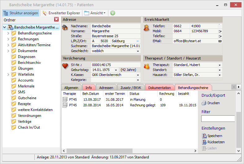 Patientendaten mit Auflistung der Behandlungsscheine
