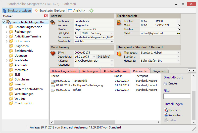 Patientendaten mit Auflistung der Dokumente